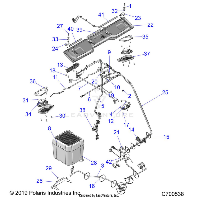 An Image of a Genuine Polaris Parts Schematic Diagram showing the schematic - ELECTRICAL: ROOF PREP AUDIO - 2019 POLARIS RANGER CREW XP 1000 NORTHSTAR FACTORY CHOICE