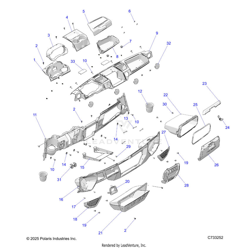 An Image of a Genuine Polaris Parts Schematic Diagram showing the schematic - BODY: DASH - 2025 POLARIS RANGER 1000 XP PREMIUM