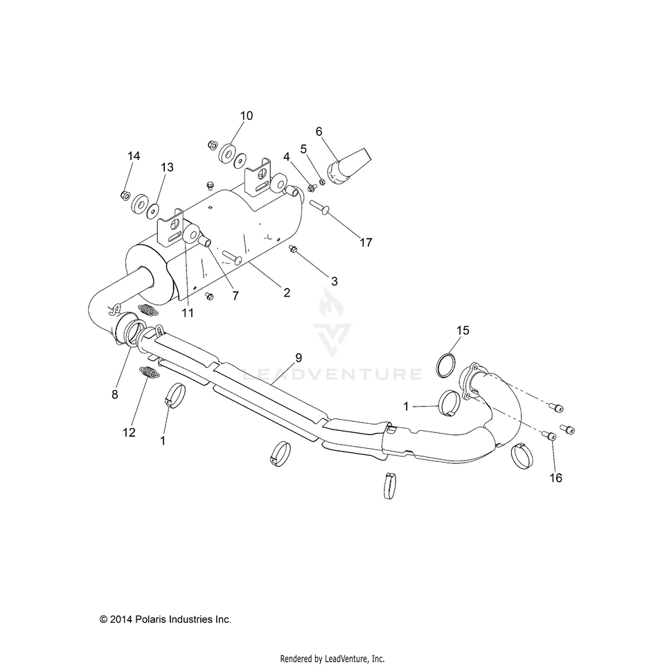 An Image of a Genuine Polaris Parts Schematic Diagram showing the schematic - ENGINE: EXHAUST SYSTEM - 2017 POLARIS RANGER CREW 570 FULL SIZE