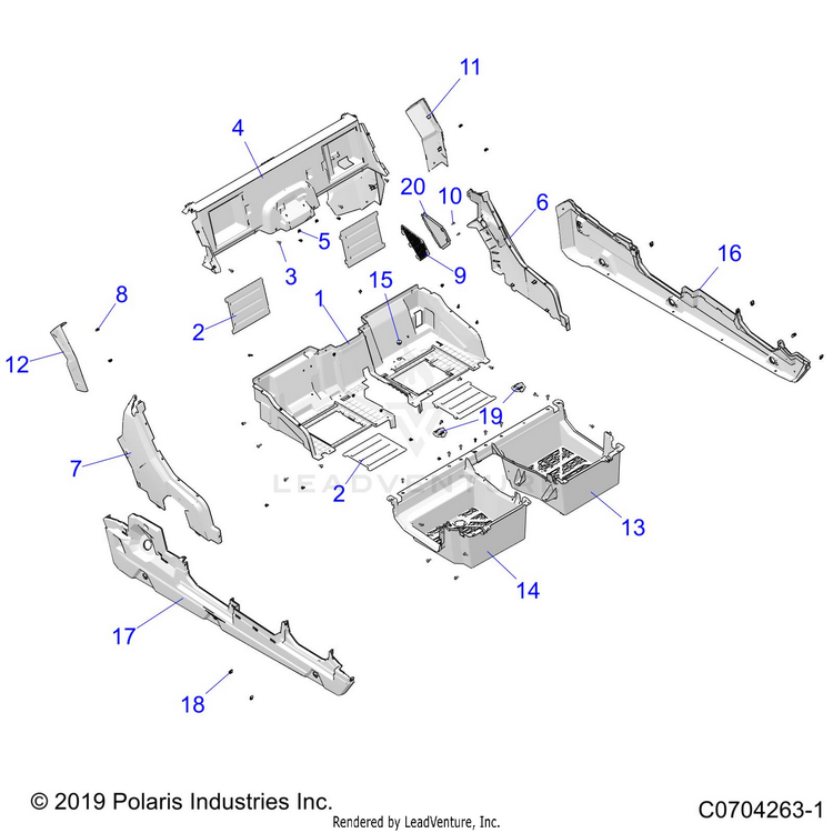 An Image of a Genuine Polaris Parts Schematic Diagram showing the schematic - BODY: REAR CLOSEOFF FENDERS AND FLOOR - 2020 POLARIS GENERAL 4 1000 EPS RIDE COMMAND