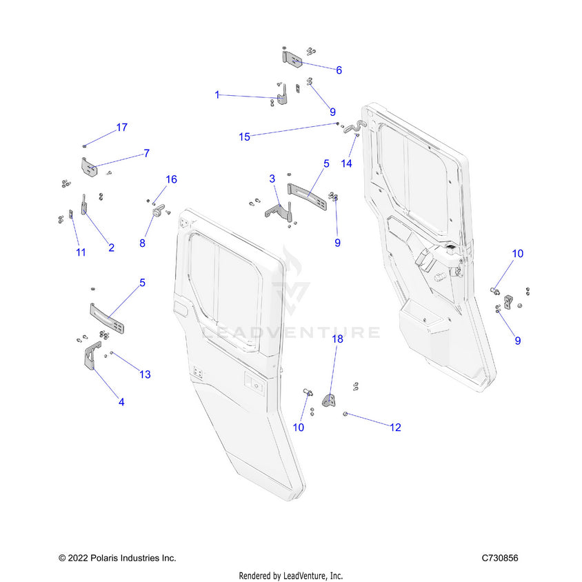 An Image of a Genuine Polaris Parts Schematic Diagram showing the schematic - BODY: DOOR REAR MOUNTING - 2024 POLARIS RANGER 1000 XP NORTHSTAR ULTIMATE CREW