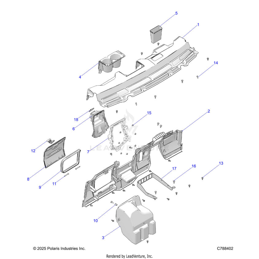 An Image of a Genuine Polaris Parts Schematic Diagram showing the schematic - BODY: DASH - 2026 POLARIS RANGER 570 CREW