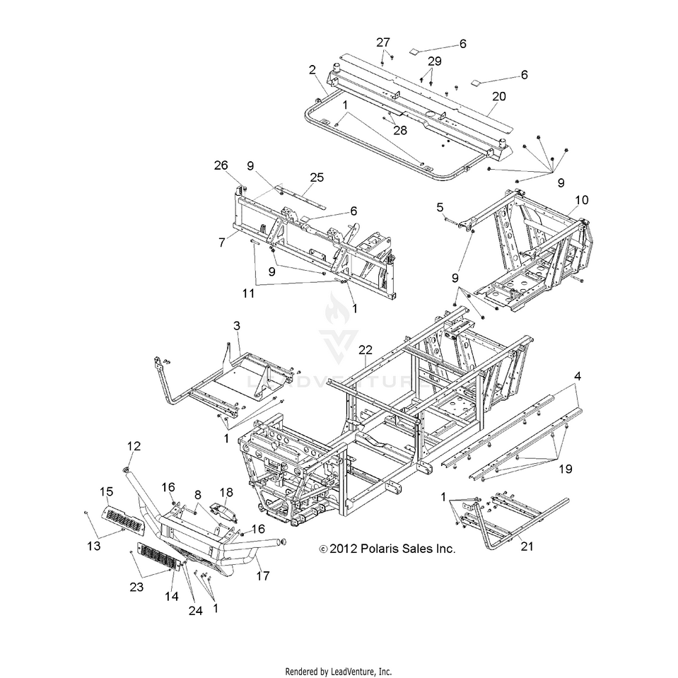 An Image of a Genuine Polaris Parts Schematic Diagram showing the schematic - CHASSIS: FRAME & FRONT BUMPER - 2016 POLARIS RANGER 800 6X6