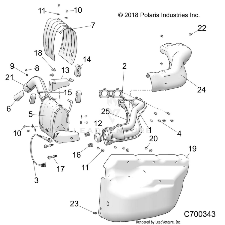 An Image of a Genuine Polaris Parts Schematic Diagram showing the schematic - ENGINE: EXHAUST SYSTEM - 2021 POLARIS RANGER CREW XP 1000 RIDE COMMAND