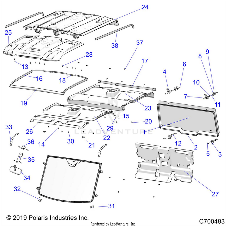 An Image of a Genuine Polaris Parts Schematic Diagram showing the schematic - BODY: ROOF & CAB - 2019 POLARIS RANGER CREW XP 1000 NORTHSTAR FACTORY CHOICE