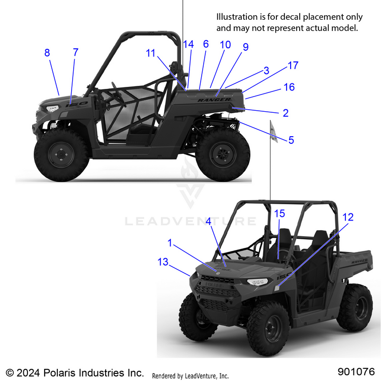 An Image of a Genuine Polaris Parts Schematic Diagram showing the schematic - BODY: DECALS - 2025 POLARIS RANGER 150 EFI