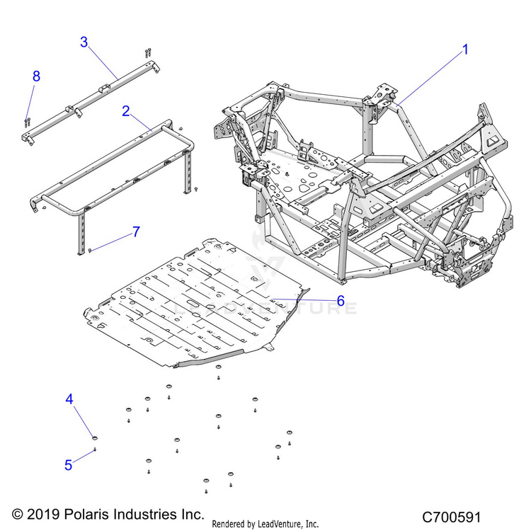 An Image of a Genuine Polaris Parts Schematic Diagram showing the schematic - CHASSIS: MAIN FRAME - 2023 POLARIS RANGER 1000 PREMIUM EPS