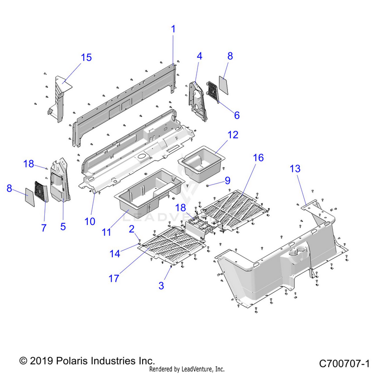 An Image of a Genuine Polaris Parts Schematic Diagram showing the schematic - BODY: REAR CLOSEOFF & FENDERS - 2020 POLARIS RANGER CREW 1000 FULL SIZE EPS FO