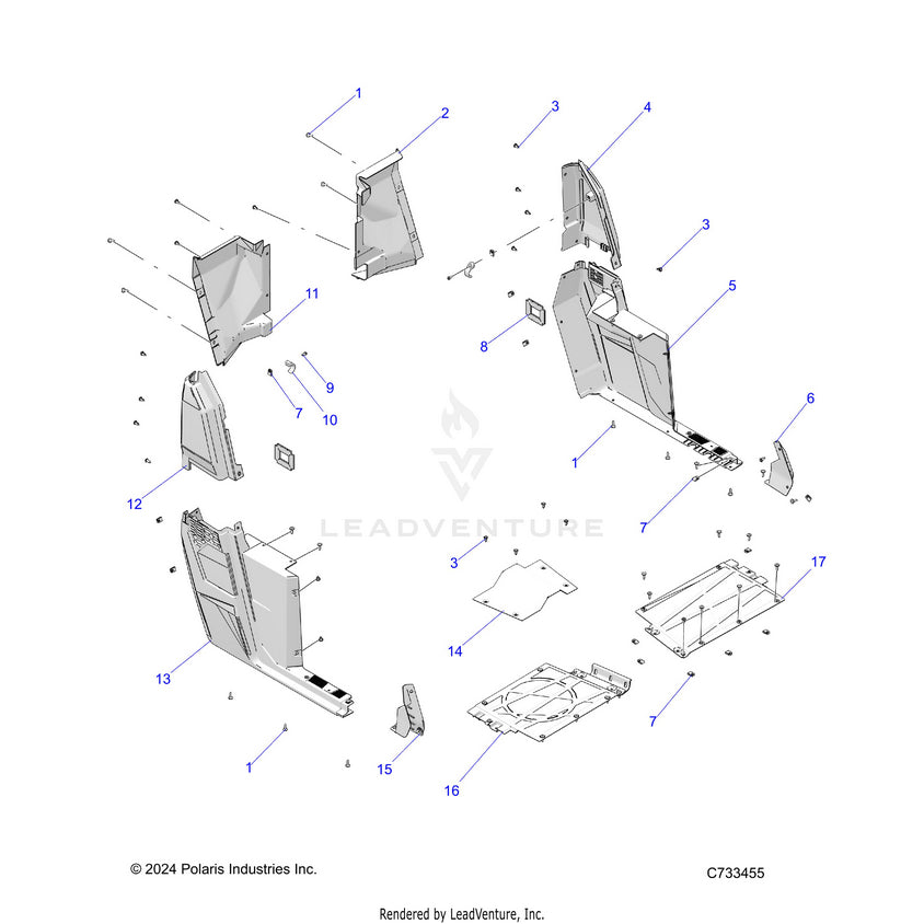 An Image of a Genuine Polaris Parts Schematic Diagram showing the schematic - BODY: REAR FLOOR & ROCKERS - 2022 POLARIS RANGER CREW 570