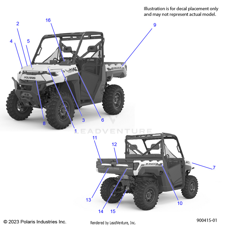 An Image of a Genuine Polaris Parts Schematic Diagram showing the schematic - BODY: DECALS GRAPHICS - 2024 POLARIS RANGER EV FULL SIZE PREMIUM