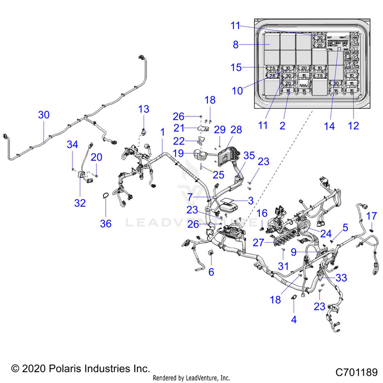 An Image of a Genuine Polaris Parts Schematic Diagram showing the schematic - ELECTRICAL: WIRE HARNESS - 2021 POLARIS RANGER XP 1000 NORTHSTAR ULTIMATE