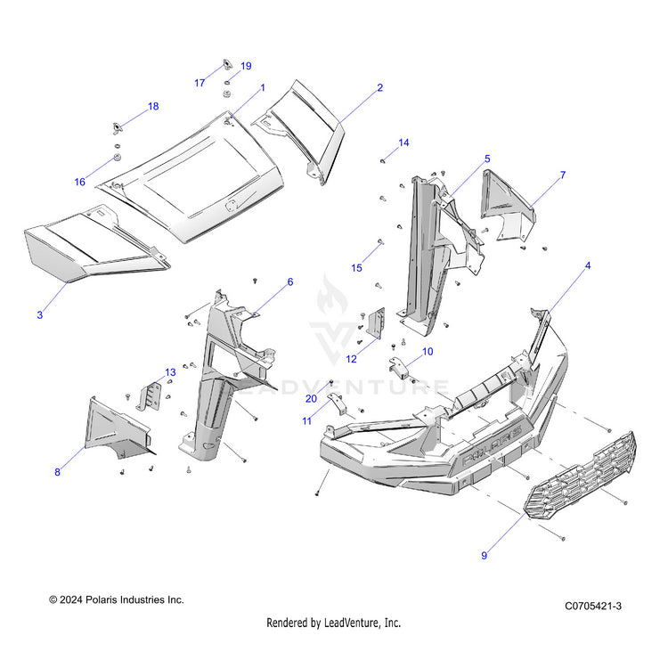 An Image of a Genuine Polaris Parts Schematic Diagram showing the schematic - BODY: HOOD & FRONT FENDERS - 2022 POLARIS RANGER CREW 570 RIDE COMMAND