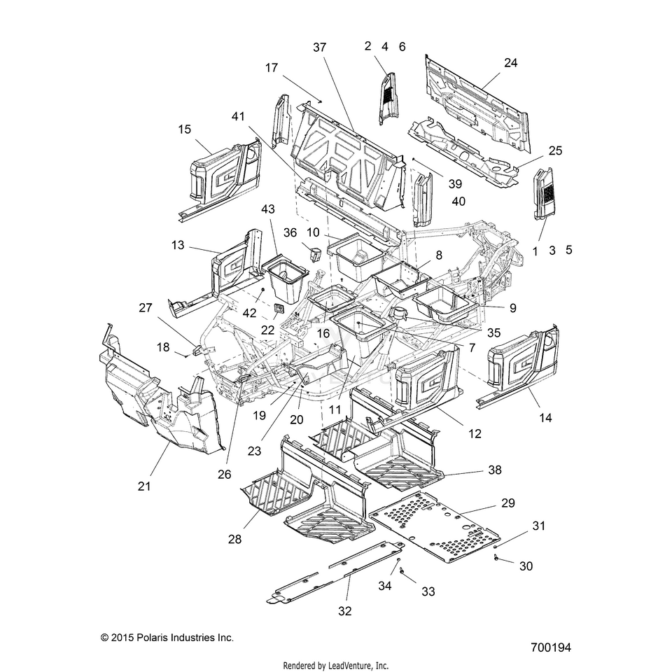 An Image of a Genuine Polaris Parts Schematic Diagram showing the schematic - BODY: FLOOR & FENDERS - 2015 POLARIS RANGER CREW 1000 DIESEL