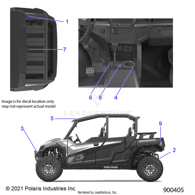 An Image of a Genuine Polaris Parts Schematic Diagram showing the schematic - BODY: DECALS WARNING - 2022 POLARIS GENERAL XP 4 1000 DELUXE LIMITED LE TROY LEE