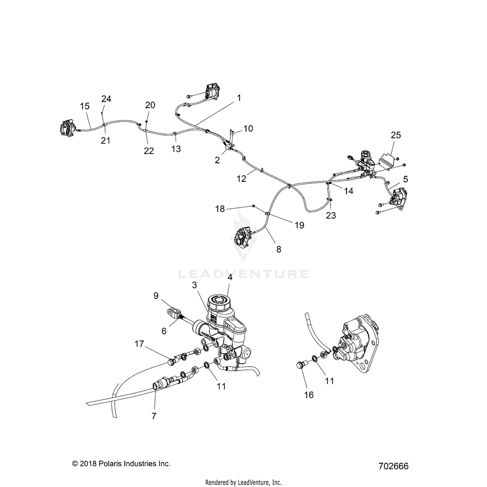 An Image of a Genuine Polaris Parts Schematic Diagram showing the schematic - BRAKES: LINES & MASTER CYLINDER - 2022 POLARIS RANGER 570 FULL SIZE