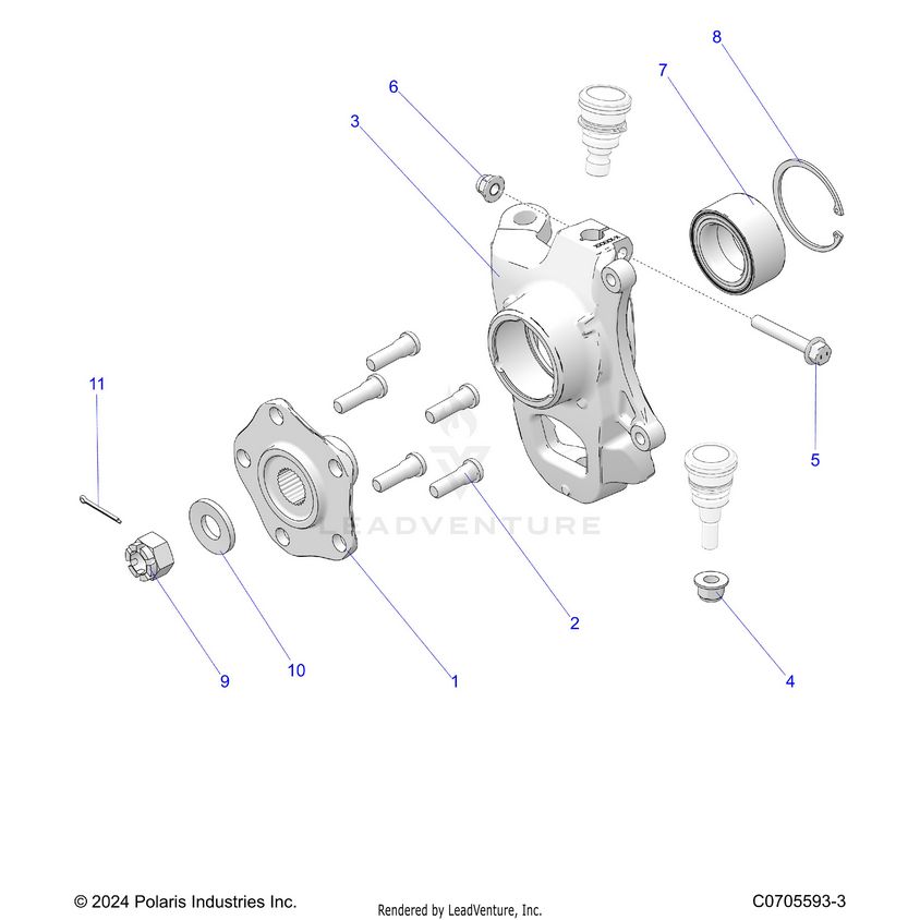 An Image of a Genuine Polaris Parts Schematic Diagram showing the schematic - SUSPENSION: FRONT WHEEL HUB KNUCKLE - 2024 POLARIS XPEDITION XP ULTIMATE