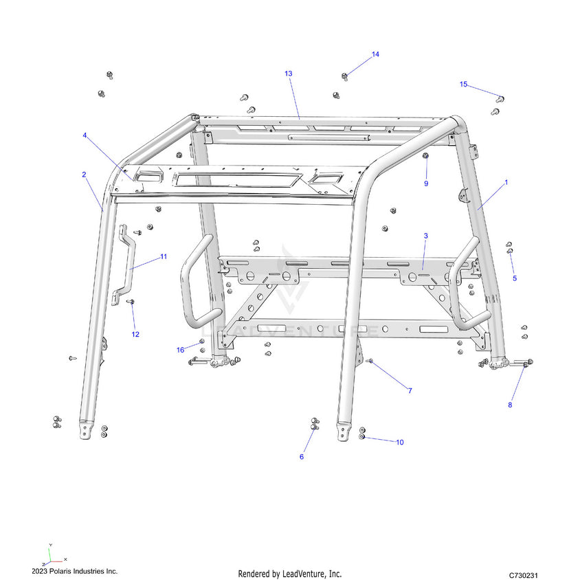 An Image of a Genuine Polaris Parts Schematic Diagram showing the schematic - CHASSIS: CAB FRAME - 2022 POLARIS RANGER 570 NORTHSTAR