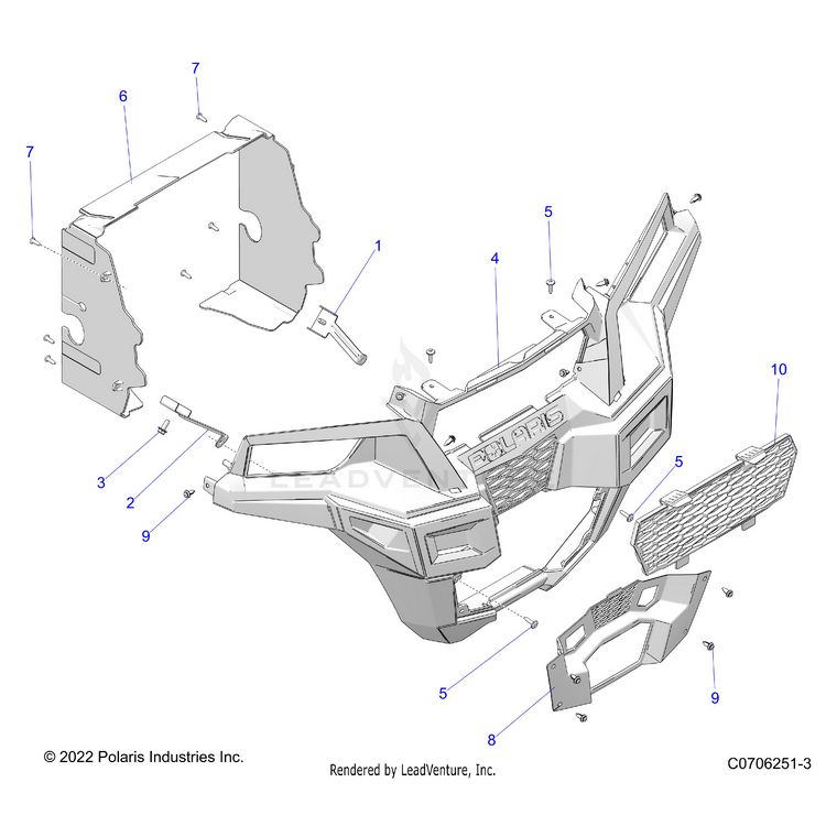 An Image of a Genuine Polaris Parts Schematic Diagram showing the schematic - BODY: FRONT FACIA - 2023 POLARIS GENERAL XP 1000 SPORT