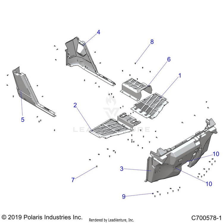 An Image of a Genuine Polaris Parts Schematic Diagram showing the schematic - BODY: FLOOR & ROCKER - 2020 POLARIS RANGER 1000 FULL SIZE EPS FO
