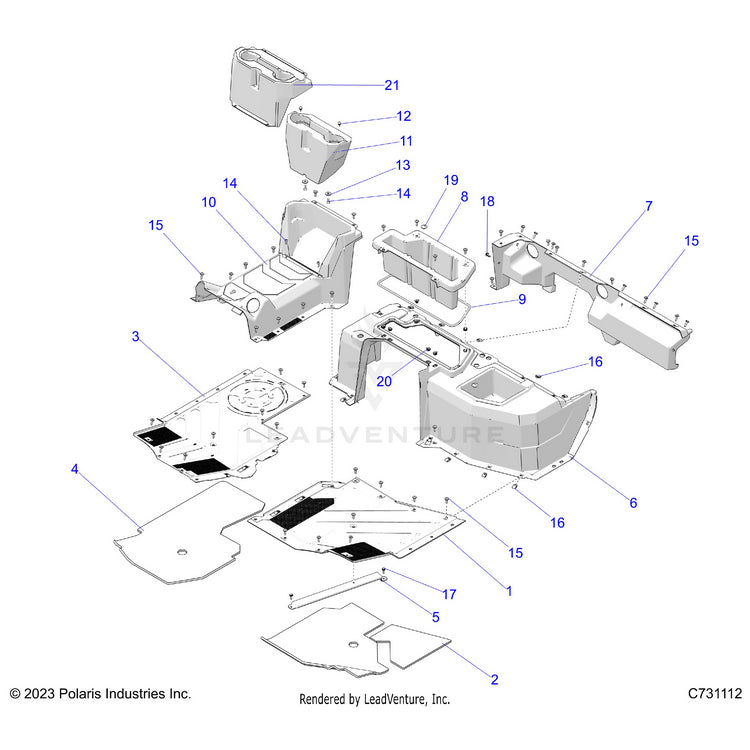 An Image of a Genuine Polaris Parts Schematic Diagram showing the schematic - BODY: FLOOR & CLOSEOFF FRONT - 2024 POLARIS RANGER XD 1500 NORTHSTAR CREW