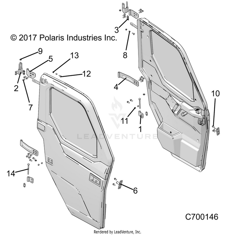 An Image of a Genuine Polaris Parts Schematic Diagram showing the schematic - BODY: DOOR FRONT FULL MOUNTING - 2019 POLARIS RANGER CREW XP 1000 NORTHSTAR RIDE COMMAND