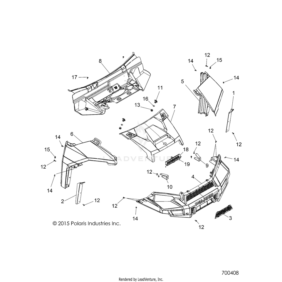 An Image of a Genuine Polaris Parts Schematic Diagram showing the schematic - BODY: HOOD & FRONT FACSIA - 2016 POLARIS RANGER CREW 900