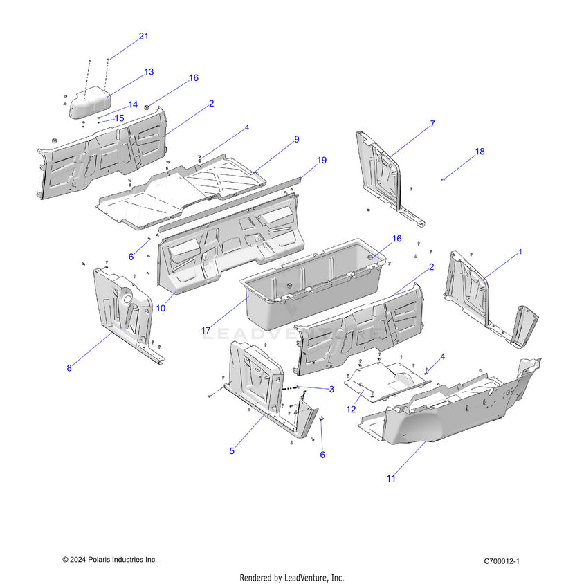 An Image of a Genuine Polaris Parts Schematic Diagram showing the schematic - BODY: FLOOR & FENDERS - 2025 POLARIS RANGER 570 CREW FULL SIZE