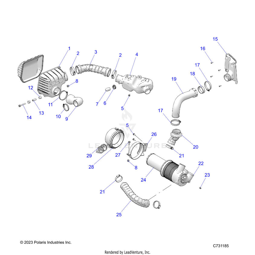 An Image of a Genuine Polaris Parts Schematic Diagram showing the schematic - ENGINE: AIR INTAKE - 2018 POLARIS RANGER CREW 1000 DIESEL