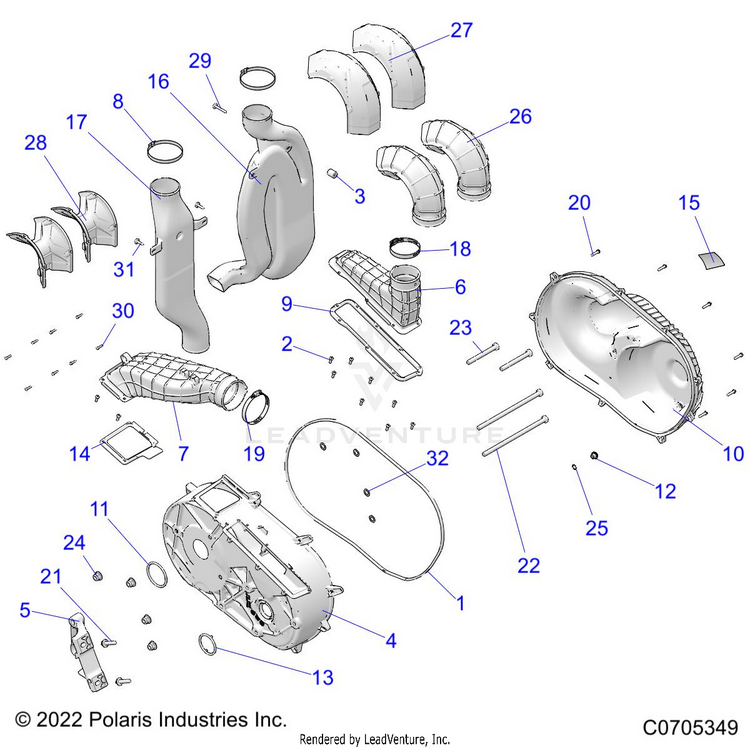 An Image of a Genuine Polaris Parts Schematic Diagram showing the schematic - DRIVE TRAIN: CLUTCH COVER & DUCTING - 2022 POLARIS RANGER XP 1000 HIGH LIFTER