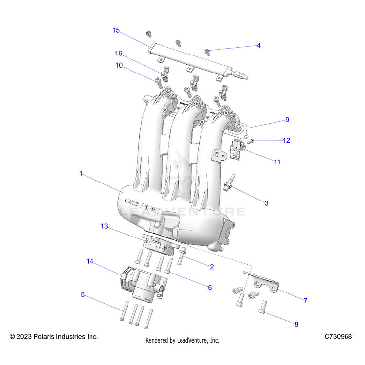 An Image of a Genuine Polaris Parts Schematic Diagram showing the schematic - ENGINE: INTAKE MANIFOLD THROTTLE BODY FUEL RAIL - 2026 POLARIS RANGER XD 1500 NORTHSTAR MOUNTAINEER EDITION CREW