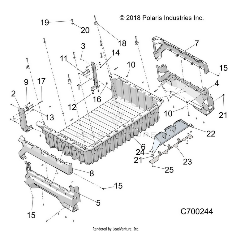 An Image of a Genuine Polaris Parts Schematic Diagram showing the schematic - BODY: BOX - 2019 POLARIS RANGER XP 1000 EPS HIGH LIFTER
