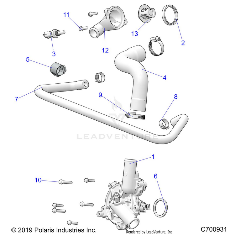 An Image of a Genuine Polaris Parts Schematic Diagram showing the schematic - ENGINE: WATERPUMP & BYPASS - 2020 POLARIS RANGER XP 1000 FACTORY CHOICE