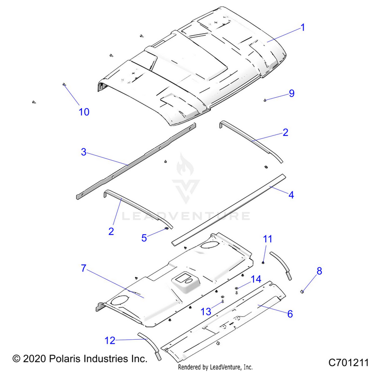 An Image of a Genuine Polaris Parts Schematic Diagram showing the schematic - BODY: ROOF - 2022 POLARIS RANGER XP 1000 NORTHSTAR EVAP