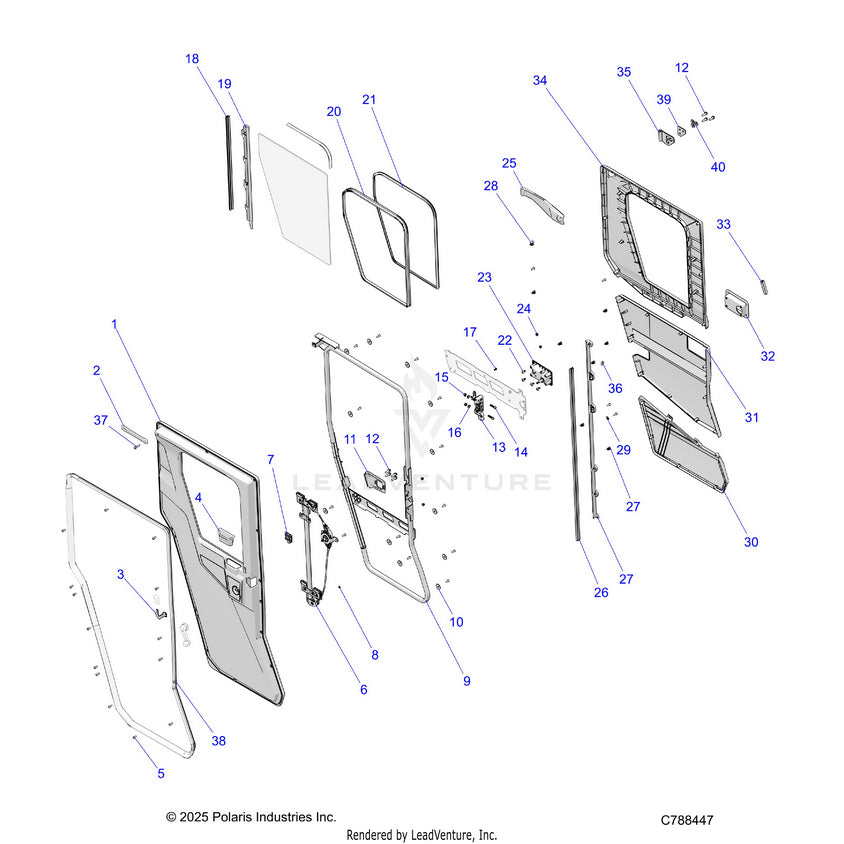 An Image of a Genuine Polaris Parts Schematic Diagram showing the schematic - BODY: DOOR REAR - 2026 POLARIS RANGER 570 CREW NORTHSTAR