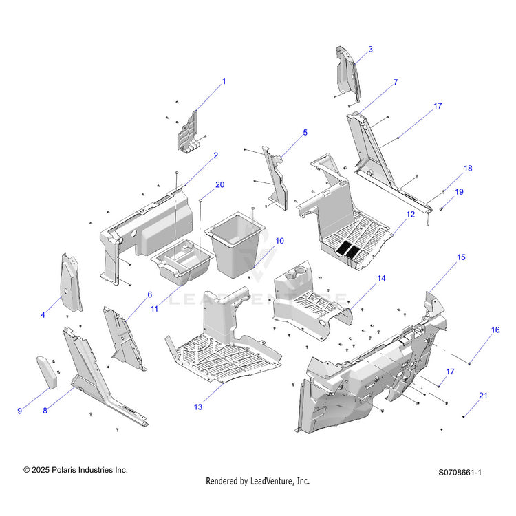 An Image of a Genuine Polaris Parts Schematic Diagram showing the schematic - BODY: FRONT FLOOR & ROCKERS - 2026 POLARIS RANGER 1000 XP CREW NORTHSTAR ULTIMATE