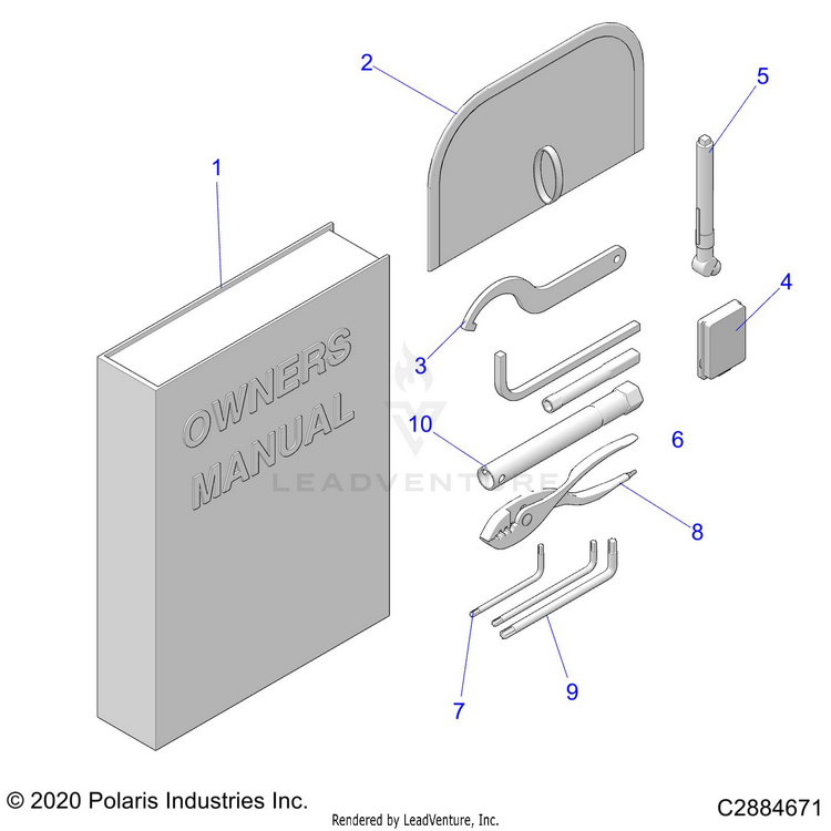 An Image of a Genuine Polaris Parts Schematic Diagram showing the schematic - REFERENCE: TOOL KIT & OWNERS MANUALS - 2022 POLARIS RANGER 1000 FULL SIZE