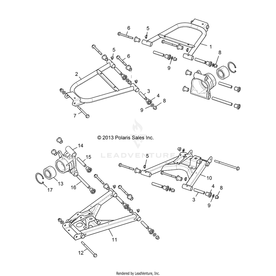 An Image of a Genuine Polaris Parts Schematic Diagram showing the schematic - SUSPENSION: REAR - 2017 POLARIS RANGER CREW 1000 DIESEL