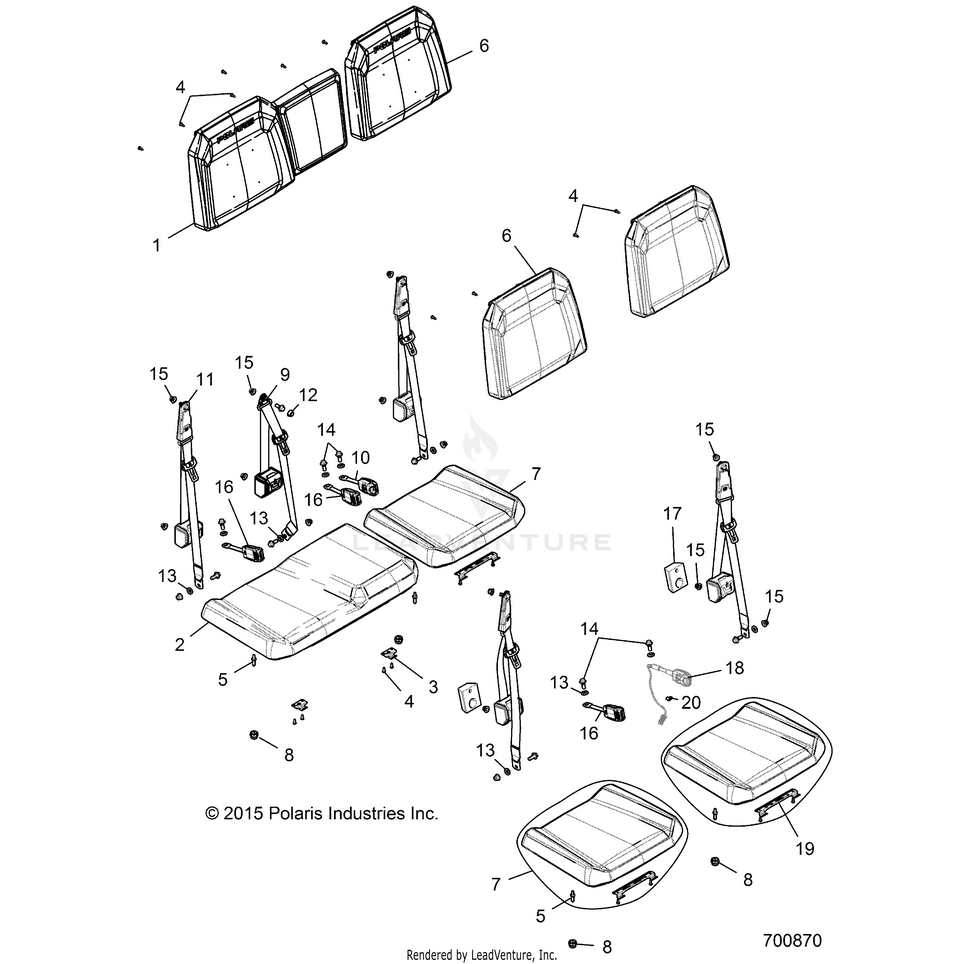 An Image of a Genuine Polaris Parts Schematic Diagram showing the schematic - BODY: SEAT REAR 60/40 - 2016 POLARIS RANGER CREW 900