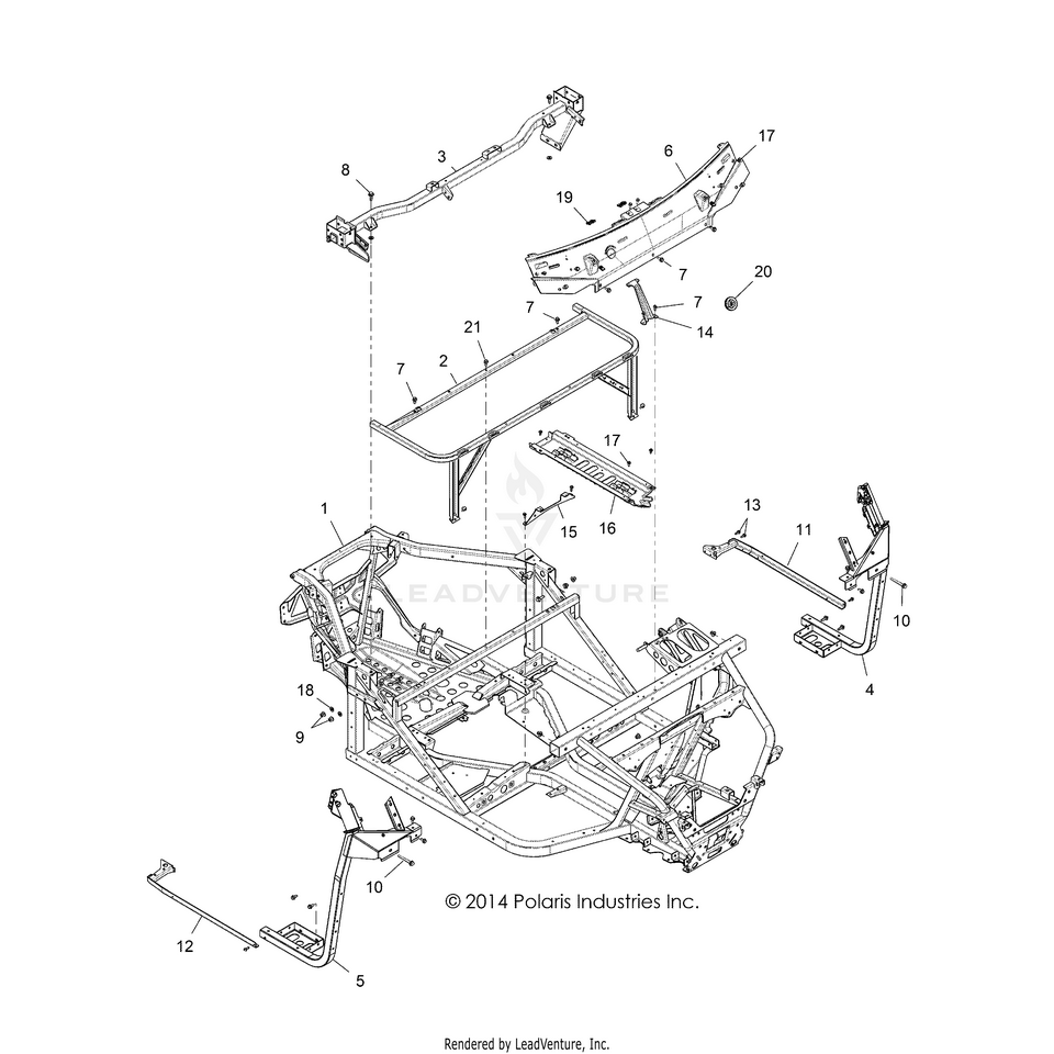 An Image of a Genuine Polaris Parts Schematic Diagram showing the schematic - CHASSIS: MAIN FRAME - 2017 POLARIS RANGER XP 1000