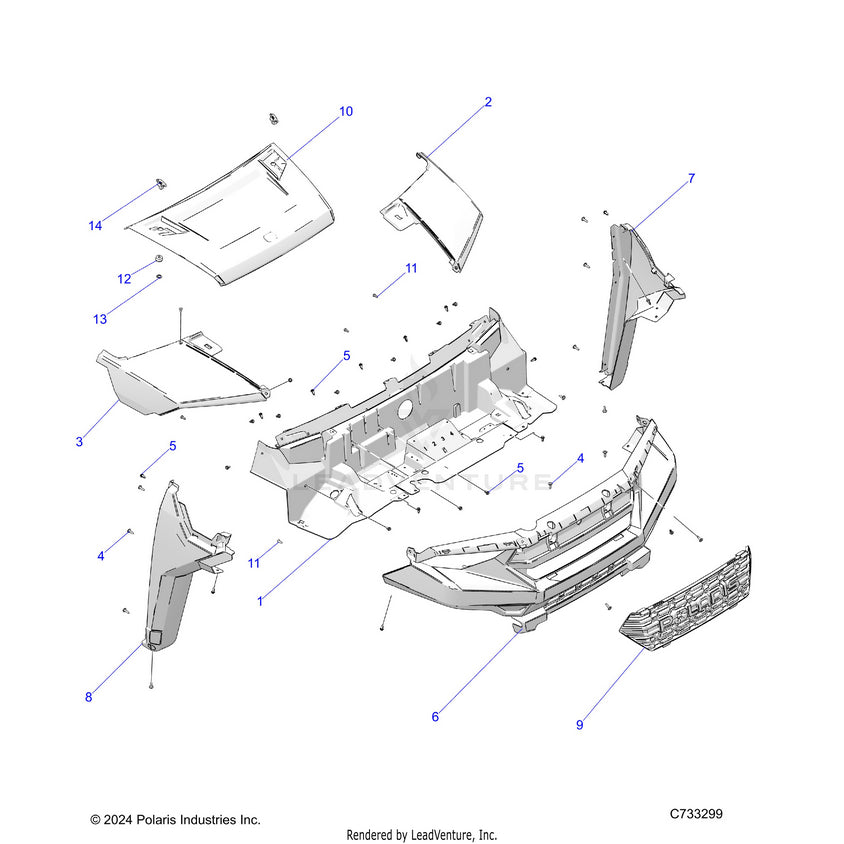 An Image of a Genuine Polaris Parts Schematic Diagram showing the schematic - BODY: HOOD & FRONT FASCIA - 2026 POLARIS RANGER 1000