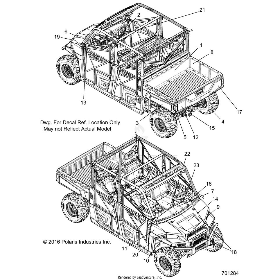 An Image of a Genuine Polaris Parts Schematic Diagram showing the schematic - BODY: DECALS - 2017 POLARIS RANGER CREW XP 1000 EPS