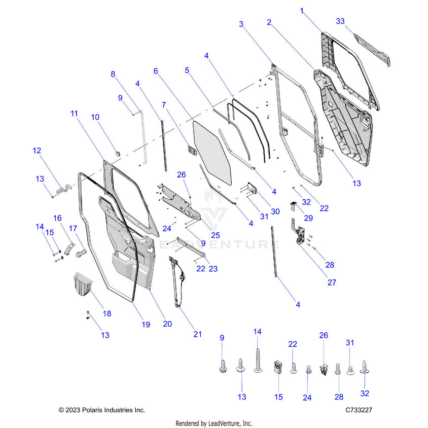 An Image of a Genuine Polaris Parts Schematic Diagram showing the schematic - BODY: DOOR FRONT FULL POWER - 2025 POLARIS RANGER 1000 XP CREW NORTHSTAR PREMIUM