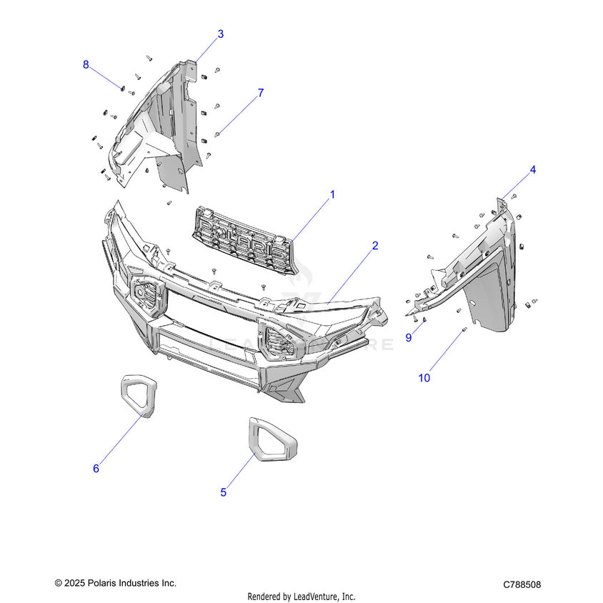 An Image of a Genuine Polaris Parts Schematic Diagram showing the schematic - BODY: FRONT FASCIA GRILLE & FLARES - 2026 POLARIS RANGER XD 1500 NORTHSTAR ULTIMATE CREW