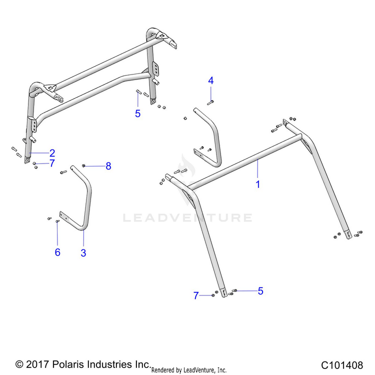 An Image of a Genuine Polaris Parts Schematic Diagram showing the schematic - CHASSIS: CAB FRAME & SIDE BARS - 2019 POLARIS RANGER 150 EFI