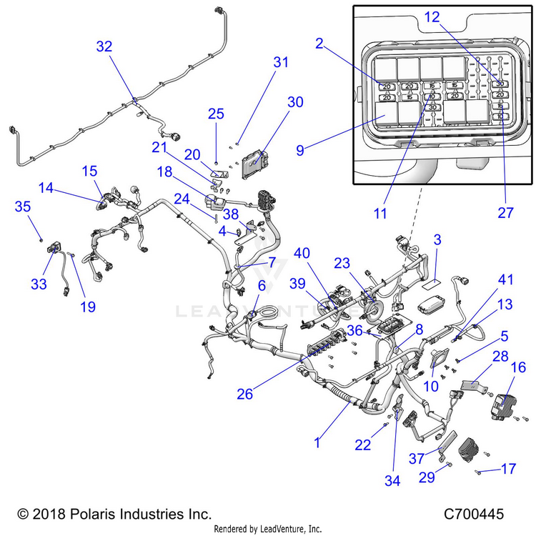 An Image of a Genuine Polaris Parts Schematic Diagram showing the schematic - ELECTRICAL: WIRE HARNESS - 2019 POLARIS RANGER XP 1000 BACK COUNTRY