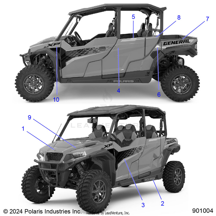 An Image of a Genuine Polaris Parts Schematic Diagram showing the schematic - BODY: DECALS (2) - 2025 POLARIS GENERAL XP 4 1000 PREMIUM