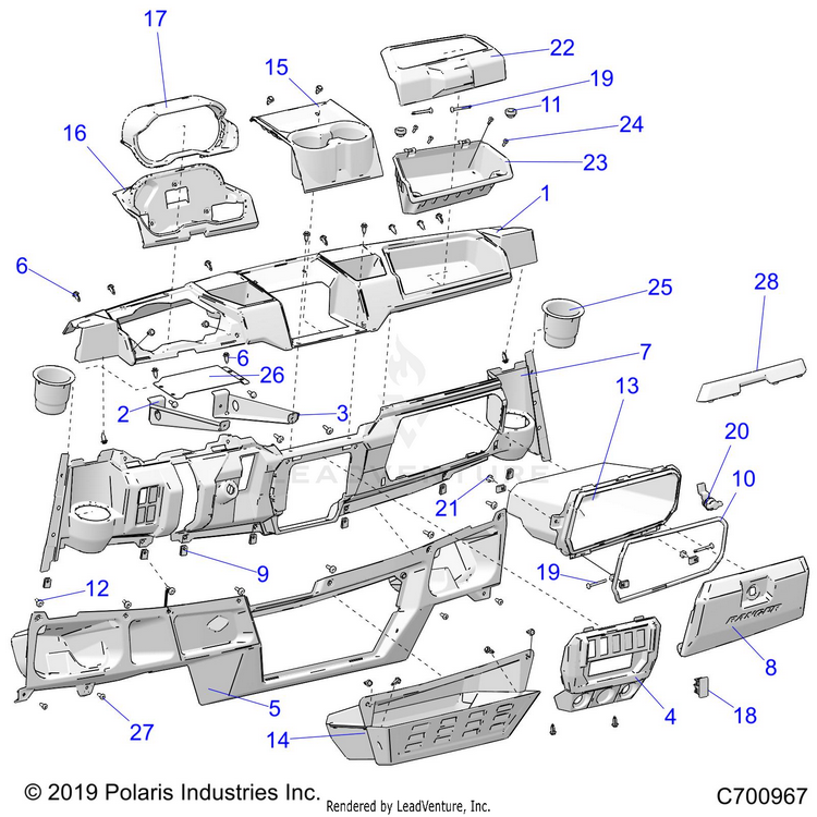 An Image of a Genuine Polaris Parts Schematic Diagram showing the schematic - BODY: DASH - 2020 POLARIS RANGER XP 1000 EPS HIGH LIFTER
