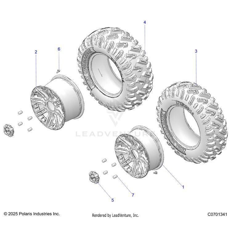 An Image of a Genuine Polaris Parts Schematic Diagram showing the schematic - WHEELS: FRONT &REAR - 2025 POLARIS GENERAL 4 1000 SPORT