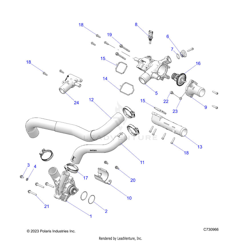 An Image of a Genuine Polaris Parts Schematic Diagram showing the schematic - ENGINE: COOLANT PUMP & THERMOSTAT - 2024 POLARIS RANGER XD 1500 PREMIUM