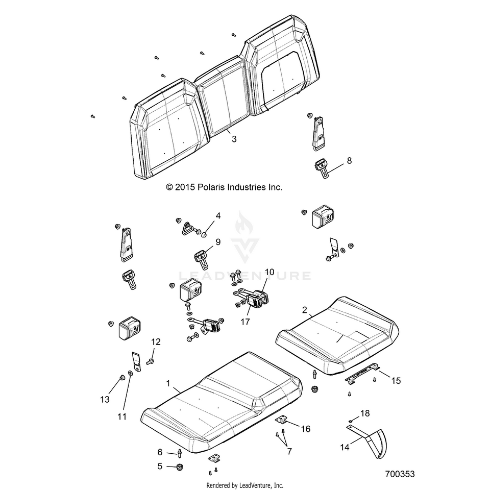 An Image of a Genuine Polaris Parts Schematic Diagram showing the schematic - BODY: SEAT - 2016 POLARIS RANGER 1000 DIESEL
